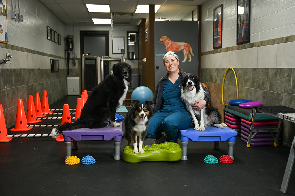 woman with three dogs rehab vet clinic